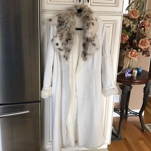 Full length leather jacket with rabbit fur collar